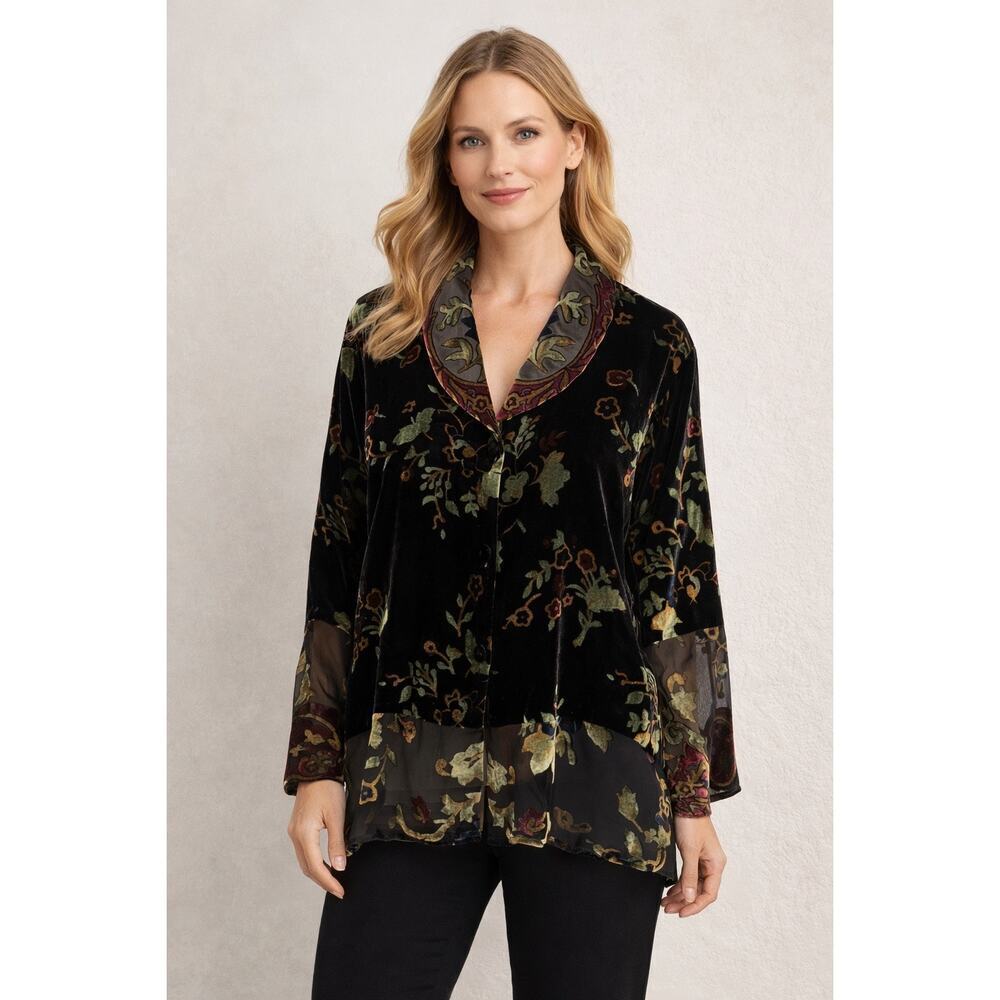 Anio A. Silk Blend Whimsigoth Velvet Burnout Floral Button Up Shirt Size Large